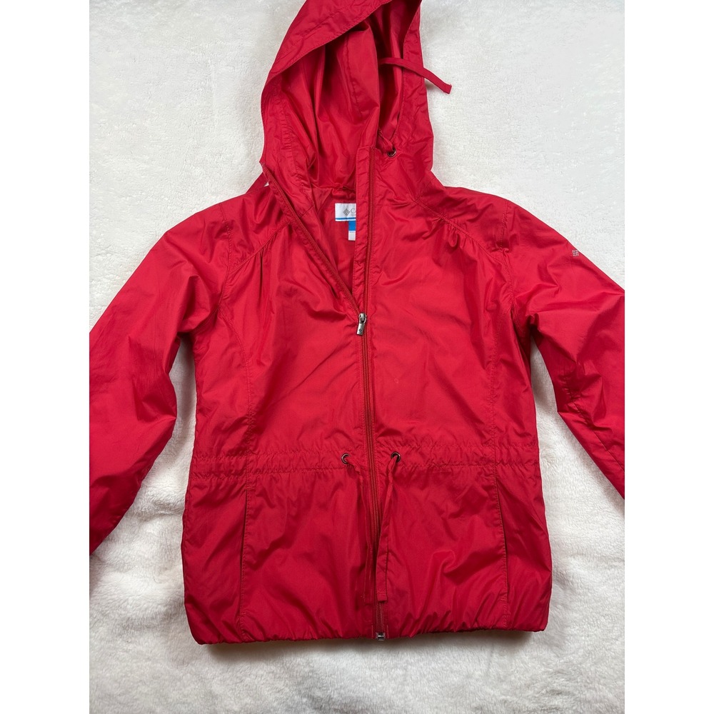 Columbia Womens Red Hooded Windbreaker Jacket Full Zip Drawstring Waist Small